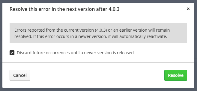 Resolve in next version dialog