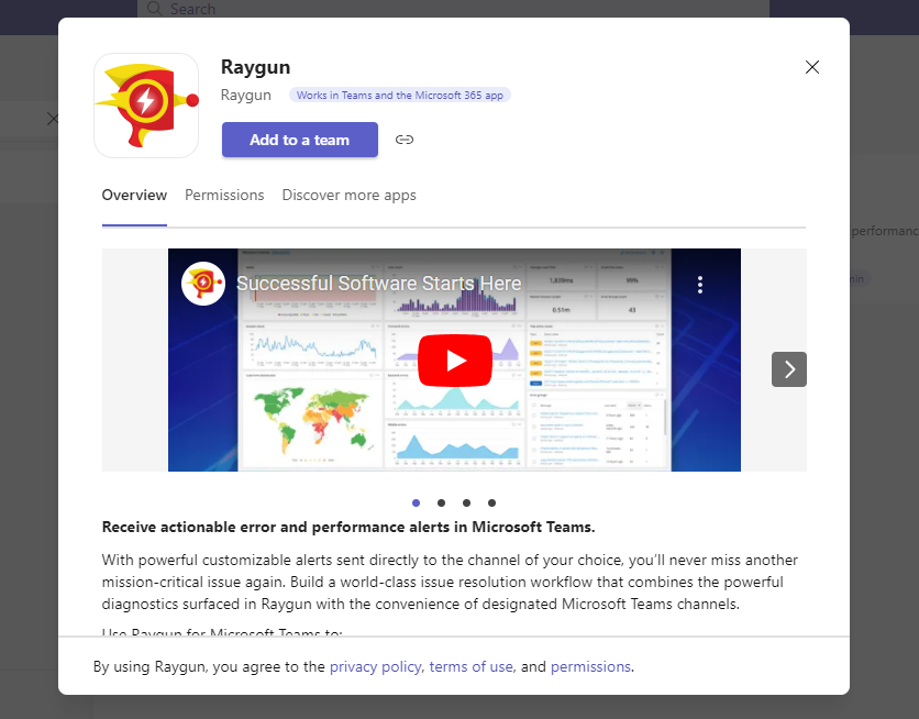 Raygun app in Microsoft Teams