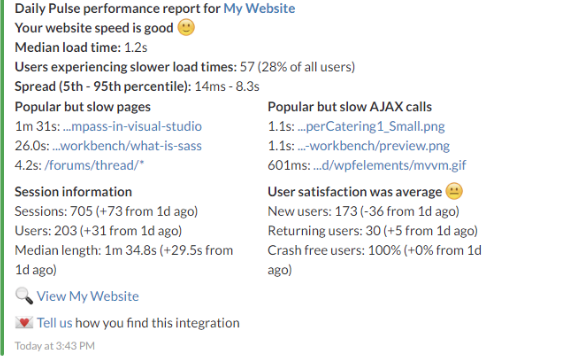 A screenshot of the Raygun Slack integration output in the Slack app, with details about the daily RUM metrics.