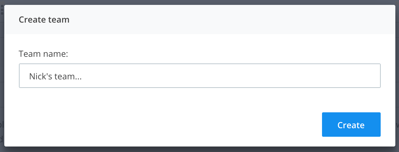 The create team modal in Raygun