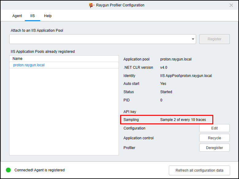 Sampling settings displayed in the Raygun Profiler Configuration tool