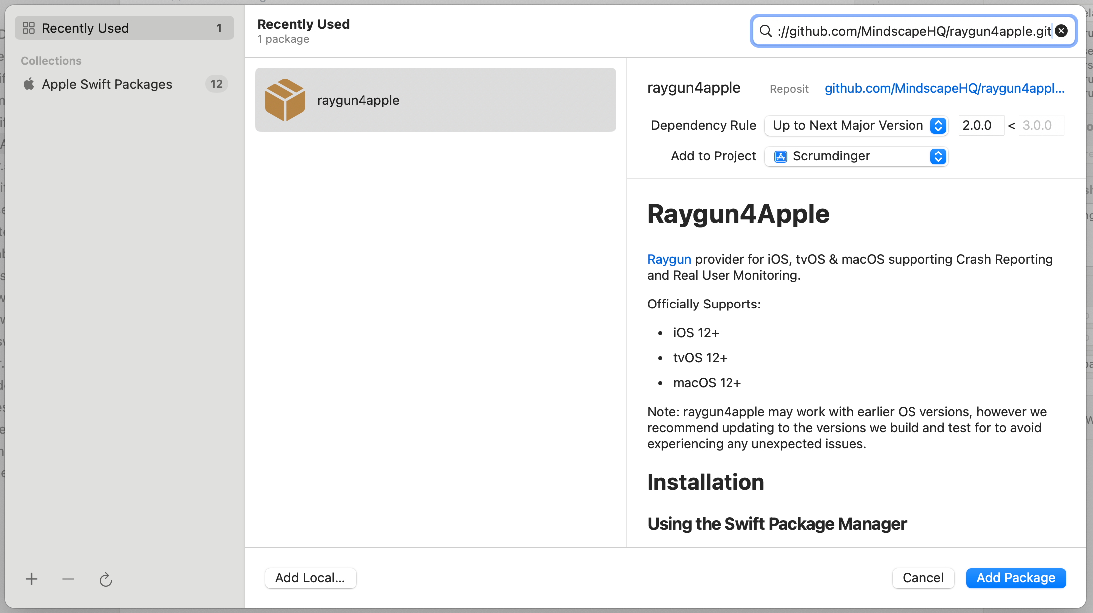 Searching for Raygun4apple in Xcode